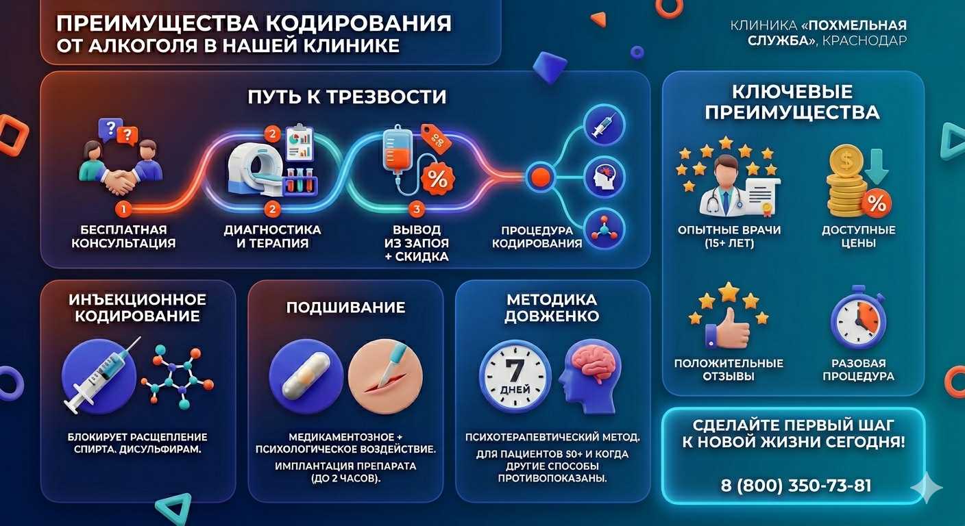 Инфографика о методах кодирования от алкоголя в Обнинске: инъекции, подшивание, метод Довженко. Преимущества клиники и этапы лечения.