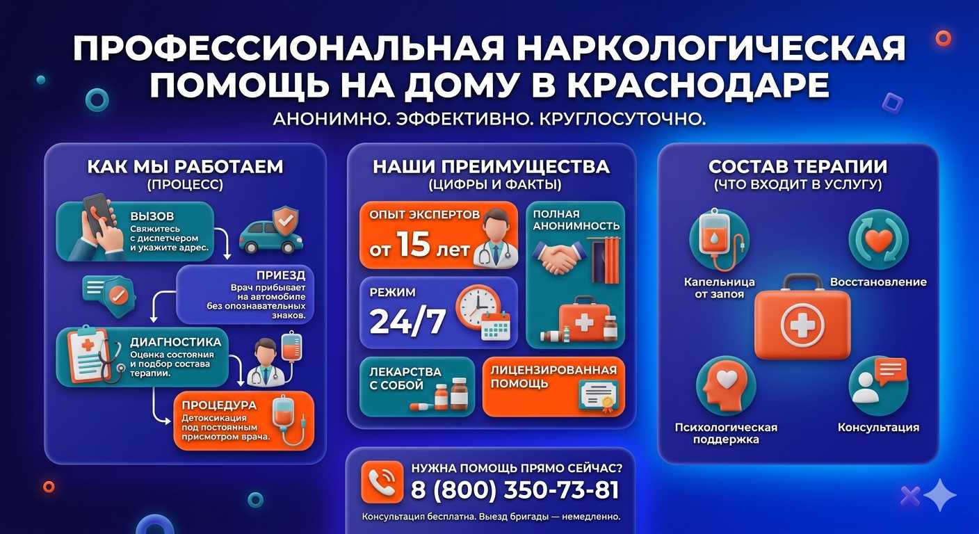 Инфографика о принципах лечения алкоголизма на дому в Обнинске: этапы вызова нарколога, преимущества анонимной детоксикации и состав медицинской помощи.